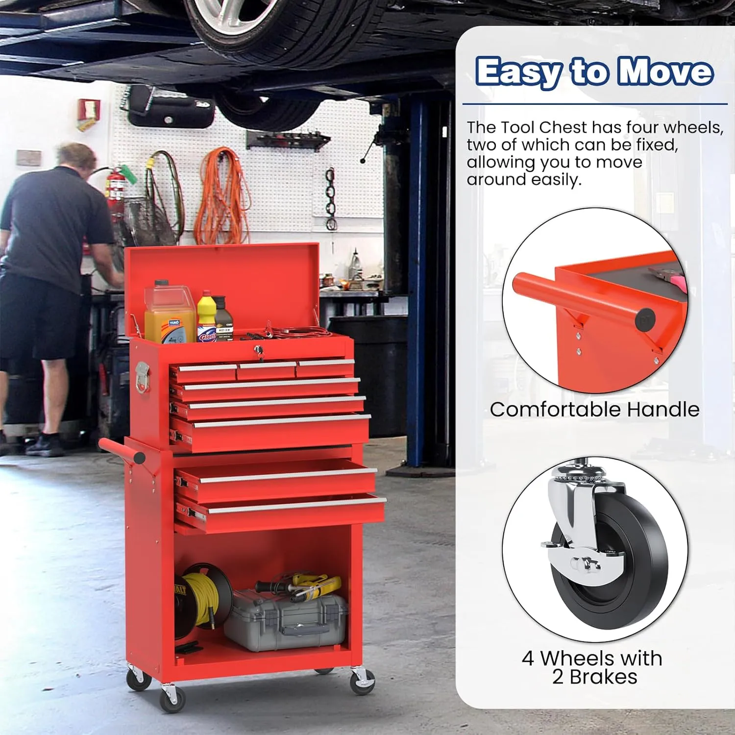 Rolling Tool Box with Wheels, 8-Drawer High Capacity Tool Chest with Wheels, Removable Storage Toolbox with Lock for Garage, Workshop