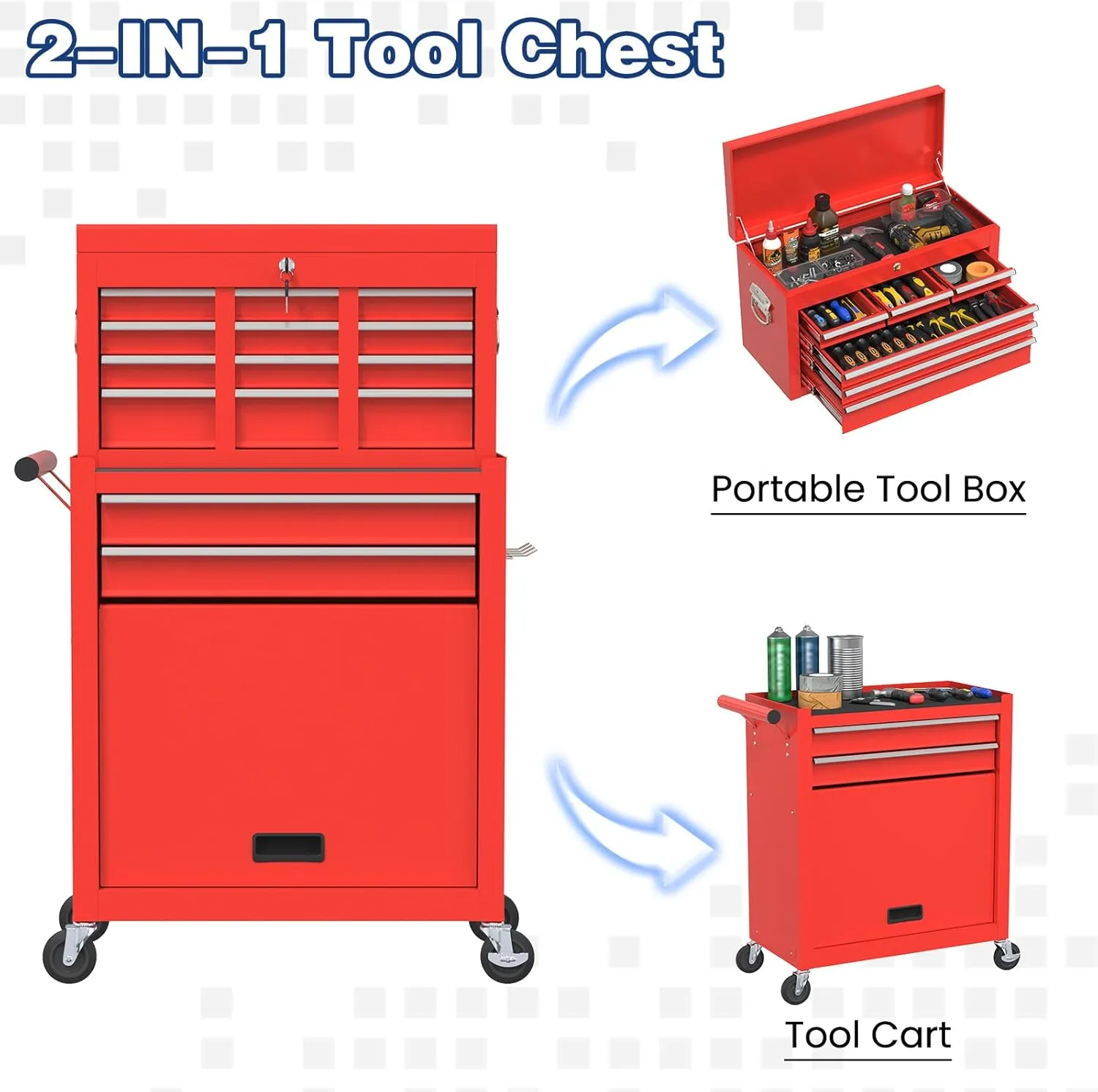 Rolling Tool Box with Wheels, 8-Drawer High Capacity Tool Chest with Wheels, Removable Storage Toolbox with Lock for Garage, Workshop