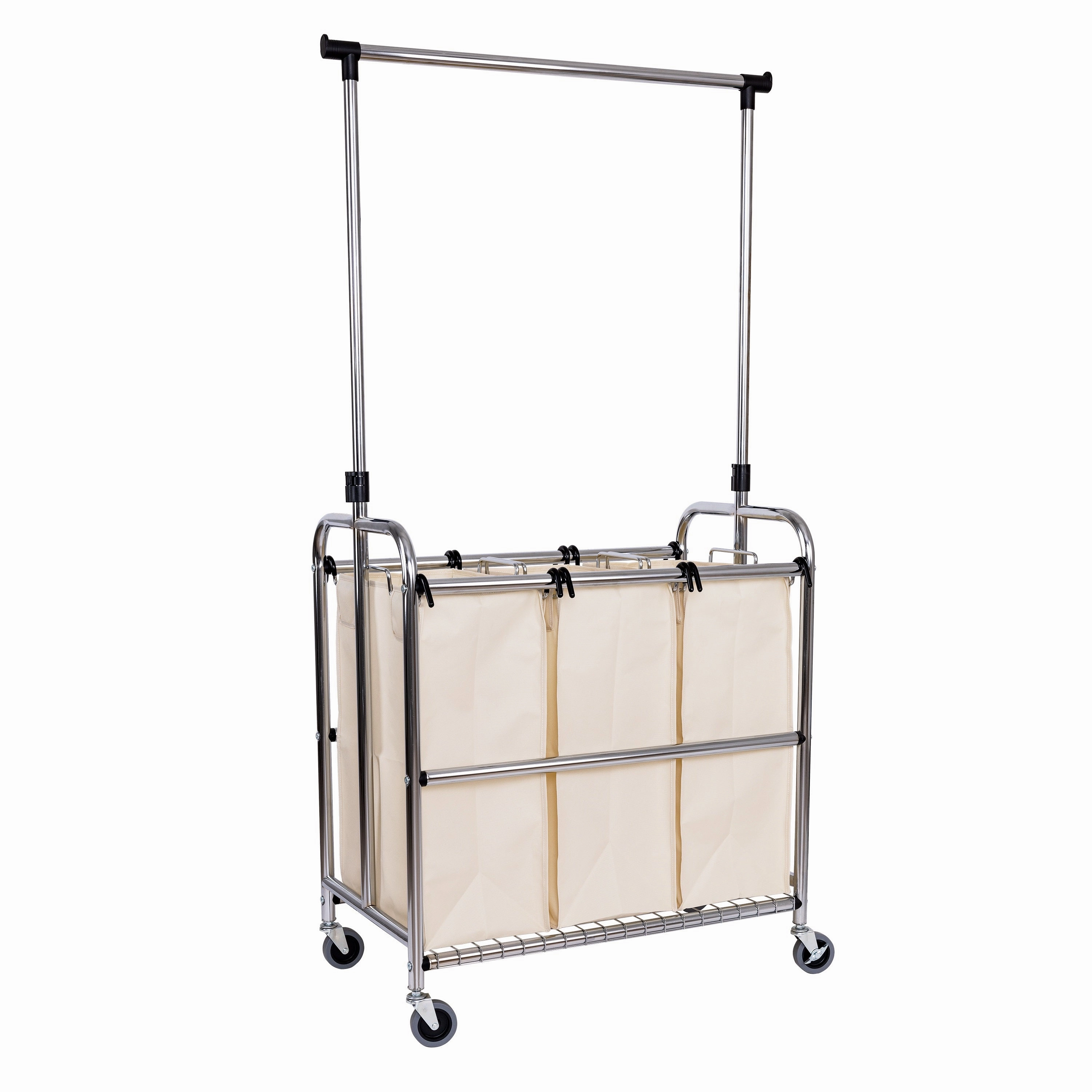 Rolling 3-Bag Steel Laundry Sorter w/ Hanging Bar