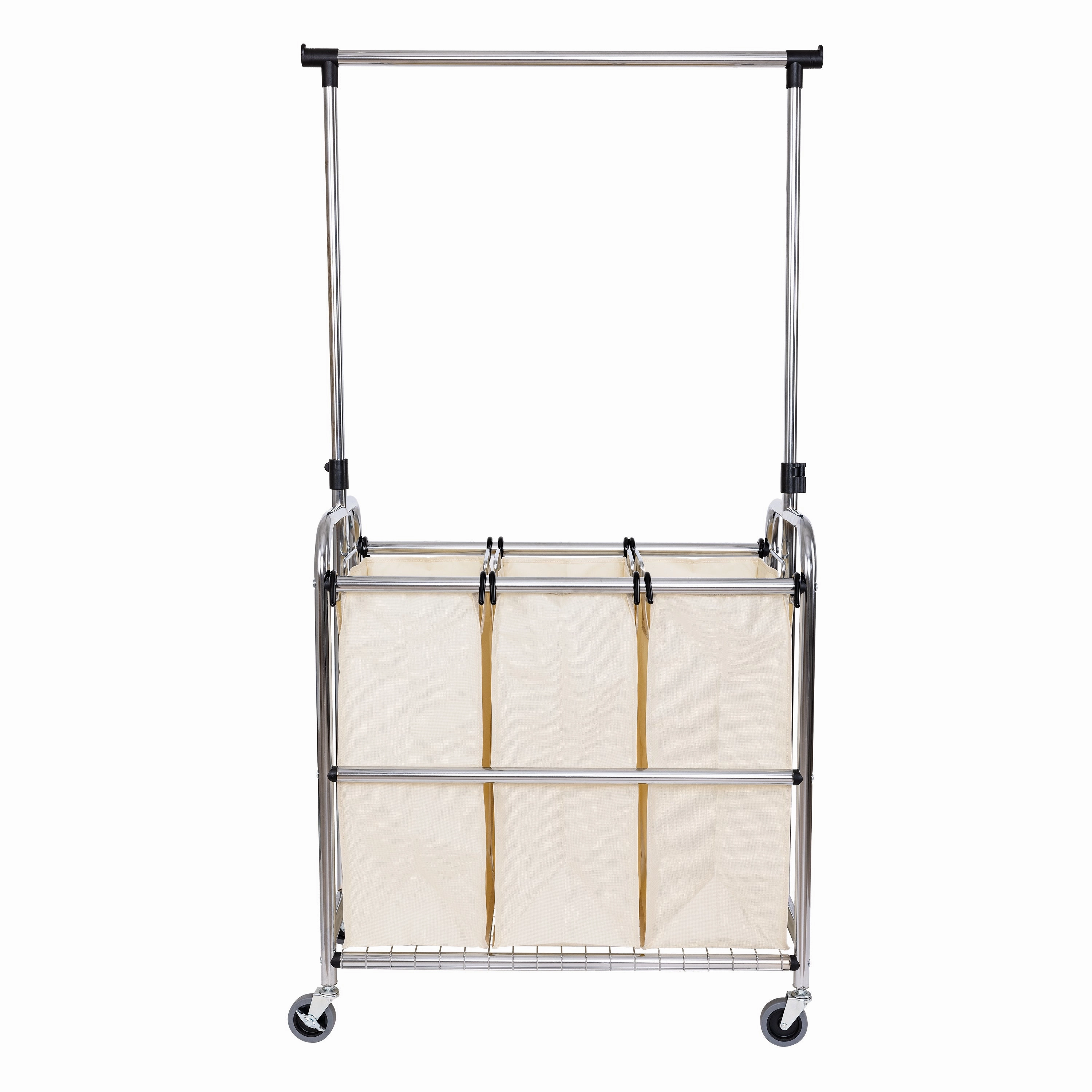 Rolling 3-Bag Steel Laundry Sorter w/ Hanging Bar