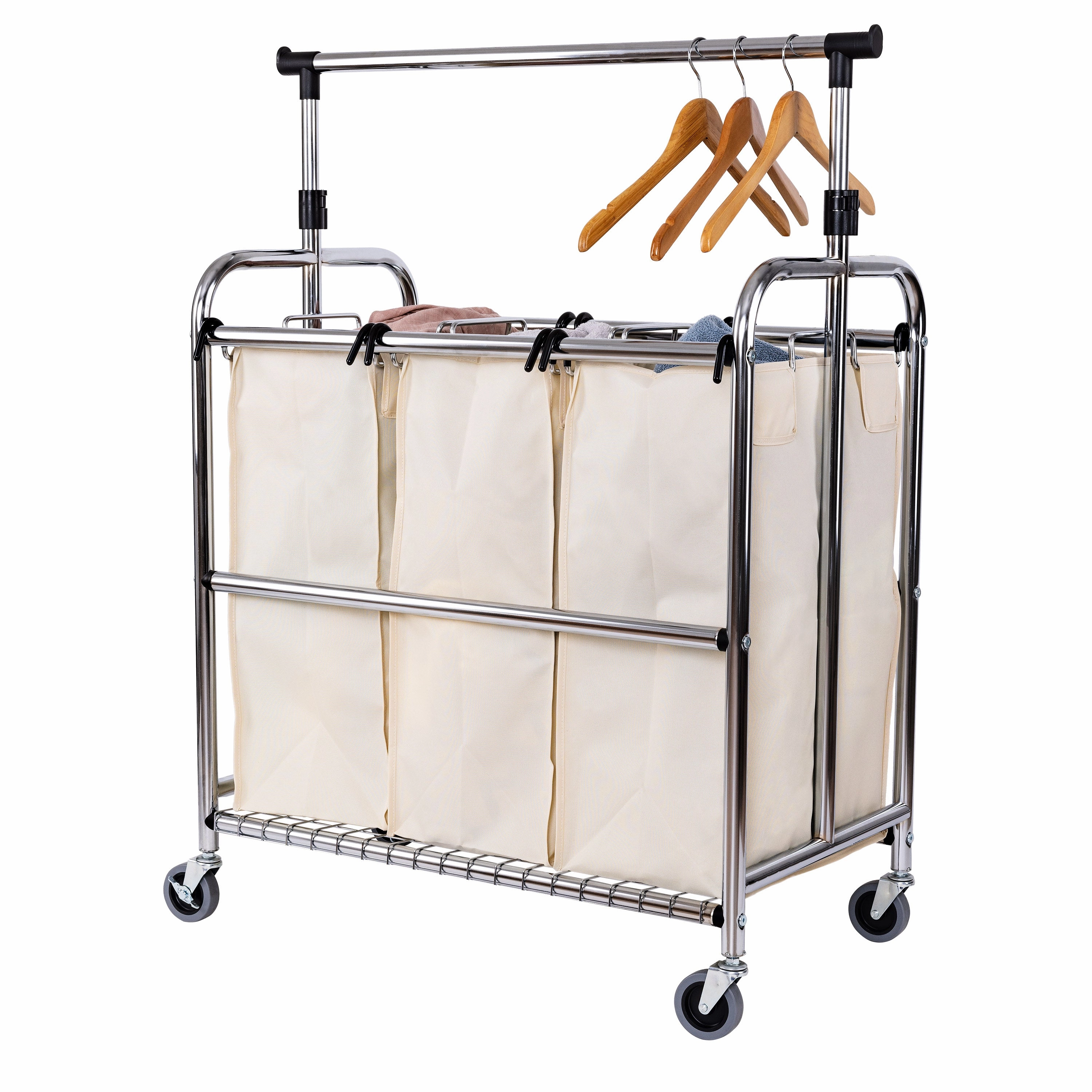 Rolling 3-Bag Steel Laundry Sorter w/ Hanging Bar