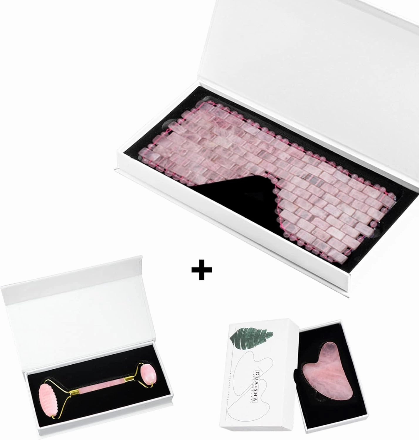 Rose Quartz Eye Sleep Mask Facial Massager Jade Roller Gua Sha Scraper,Set B with 3 Boxes