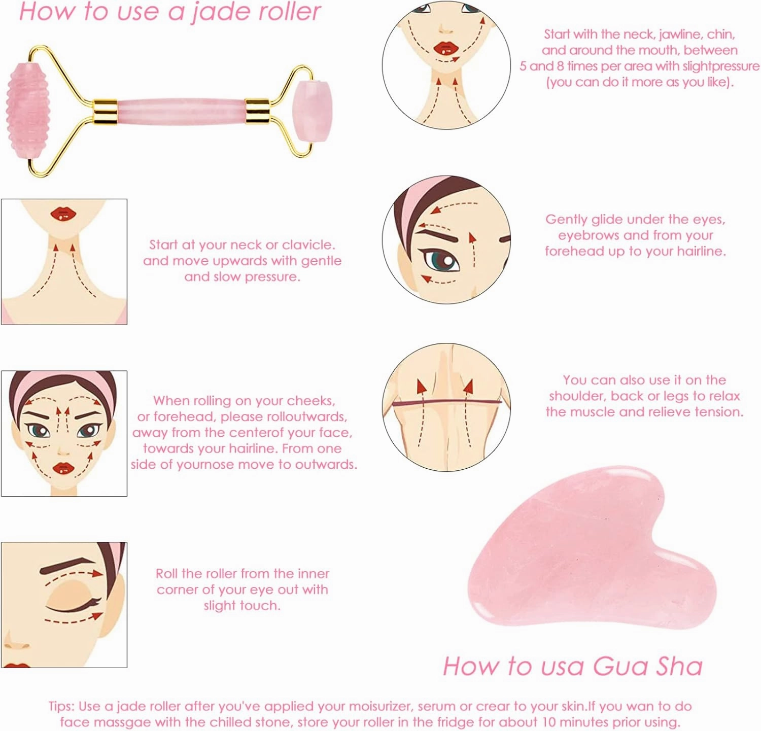Rose Quartz Eye Sleep Mask Facial Massager Jade Roller Gua Sha Scraper,Set B with 3 Boxes