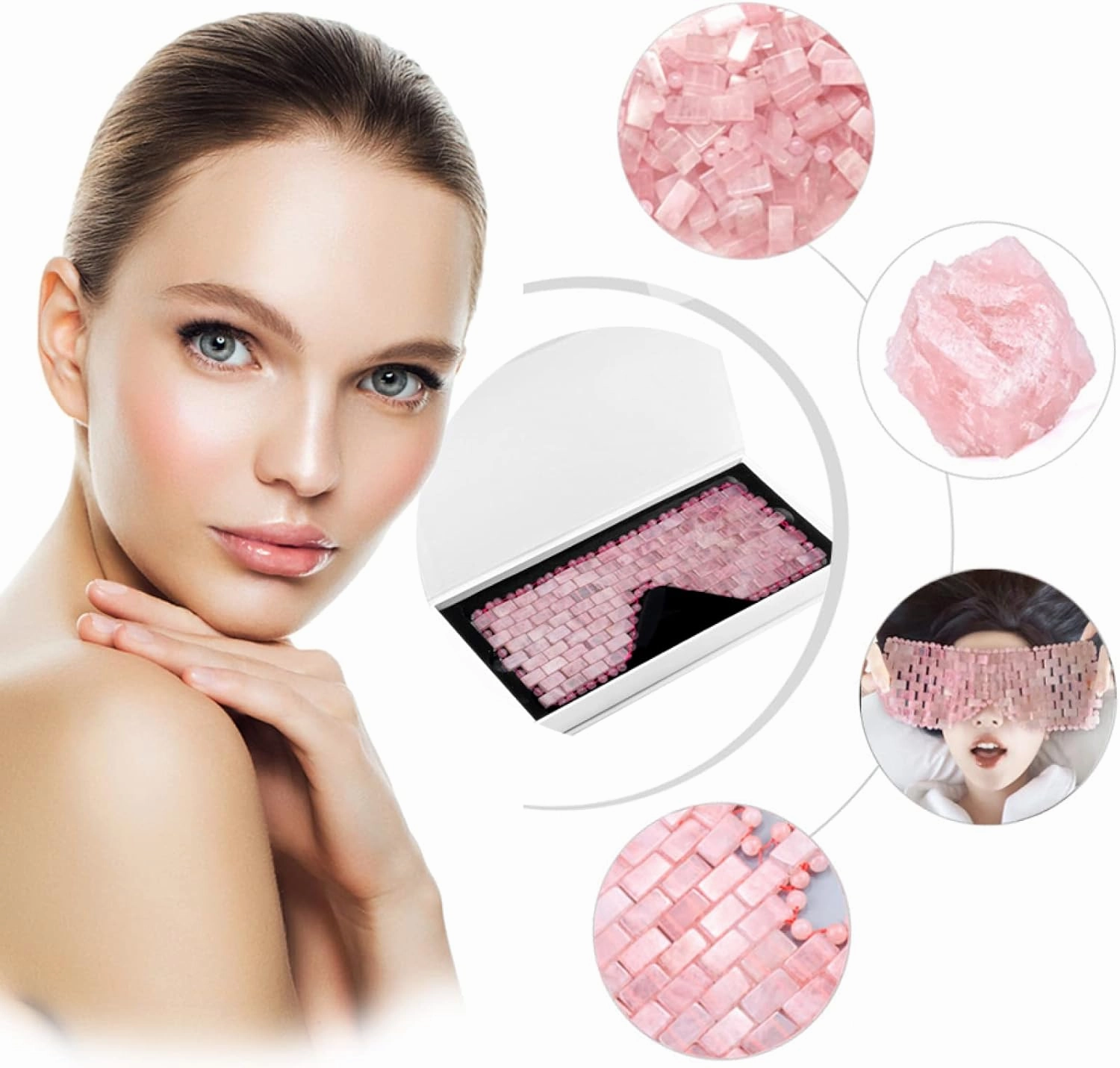 Rose Quartz Eye Sleep Mask Facial Massager Jade Roller Gua Sha Scraper,Set B with 3 Boxes