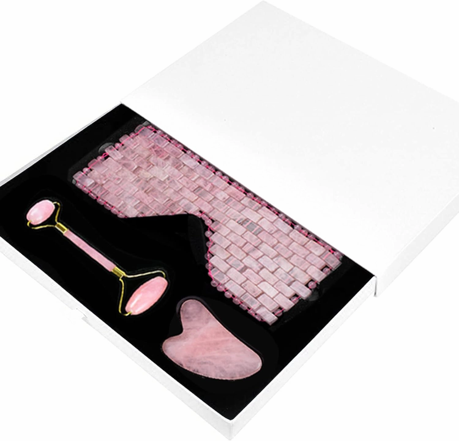 Rose Quartz Eye Sleep Mask Facial Massager Jade Roller Gua Sha Scraper,Set B with 3 Boxes