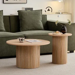 Round Nesting Table Set of 2 Small Coffee Tables for Living Room, Wood Finish Sofa Side Bedroom Office Circle Bohemian Style Table（Natural）