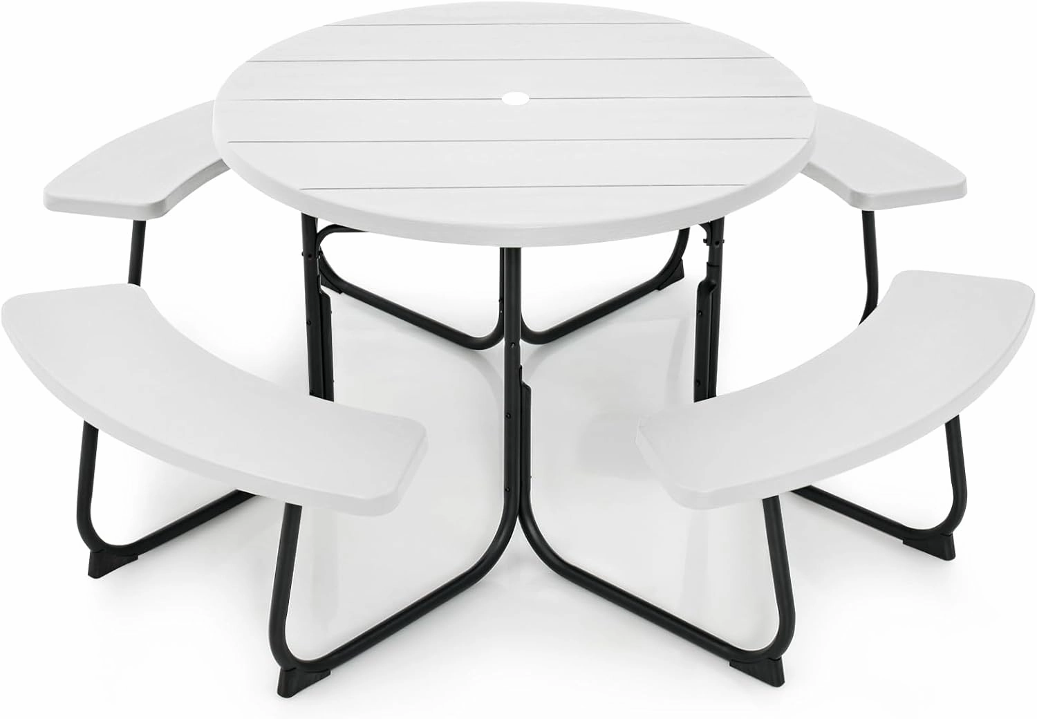 Round Picnic Table for Outdoors, 8 Person Outdoor Picnic Tables & Benches Set with Umbrella Hole, HDPE Tabletop & Metal Frame, 2000 LBS Capacity Table Bench Set for BBQ, Garden, Lawn, Patio