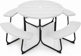 Round Picnic Table for Outdoors, 8 Person Outdoor Picnic Tables & Benches Set with Umbrella Hole, HDPE Tabletop & Metal Frame, 2000 LBS Capacity Table Bench Set for BBQ, Garden, Lawn, Patio