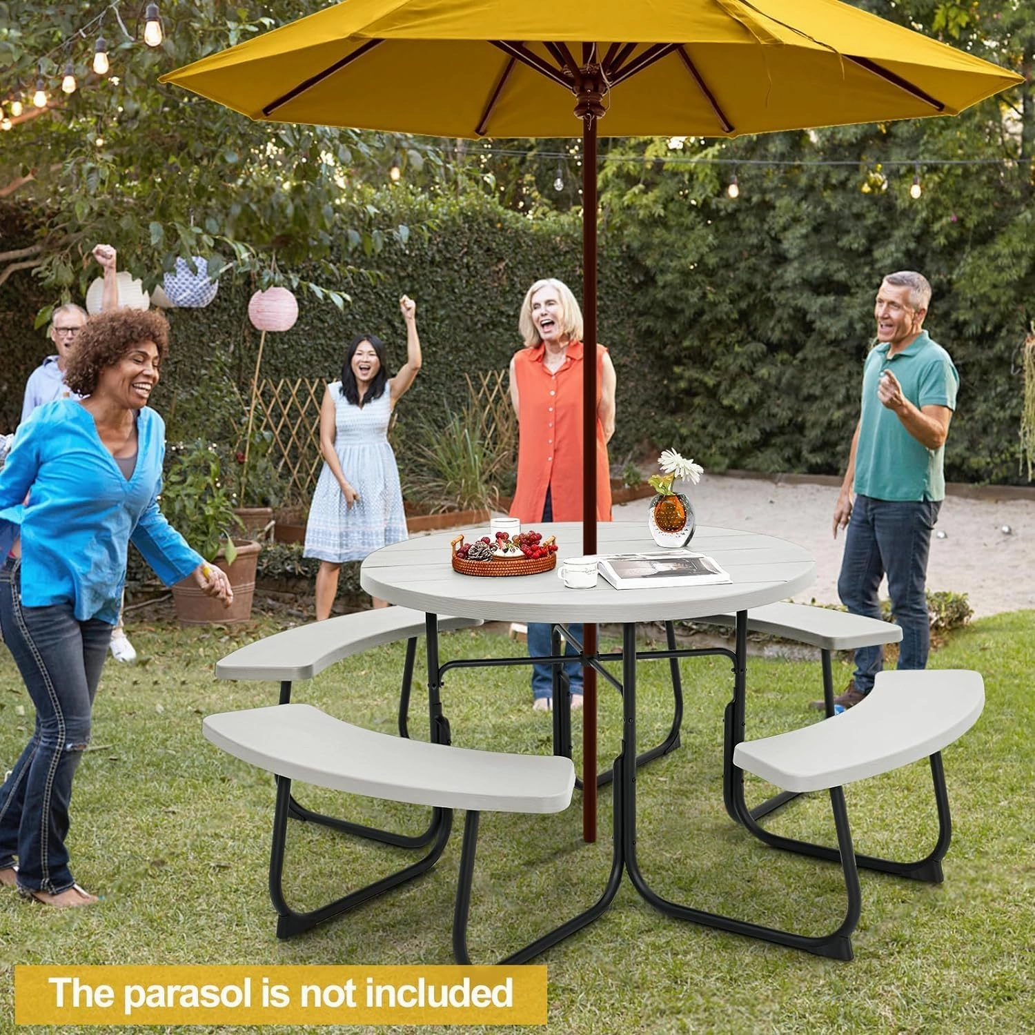 Round Picnic Table for Outdoors, 8 Person Outdoor Picnic Tables & Benches Set with Umbrella Hole, HDPE Tabletop & Metal Frame, 2000 LBS Capacity Table Bench Set for BBQ, Garden, Lawn, Patio