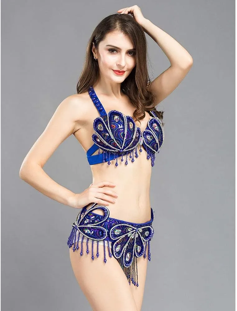 ROYAL SMEELA Belly Dance Costume for Women Sexy Tribal Belly Dance Bra and Belt Professional Dancing Outfit Carnival Bra Belt