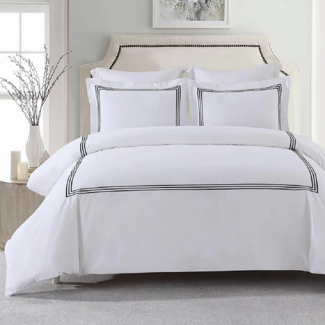 Royal Hotel Bedding Embroidered Adeline 3pc Comforter Cover with Pillow Shams, Duvet Cover Set, 100% Cotton Percale, Full/Queen, White and Black