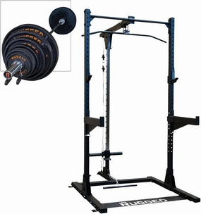 Rugged Strength & Fitness Half Rack (Y120P3) with Lat Attachment - 300 lb. Weight Set Included, Ideal for Home Gym Strength Training, Squats, and Workout - Enhanced Power Cage for Fitness Reality