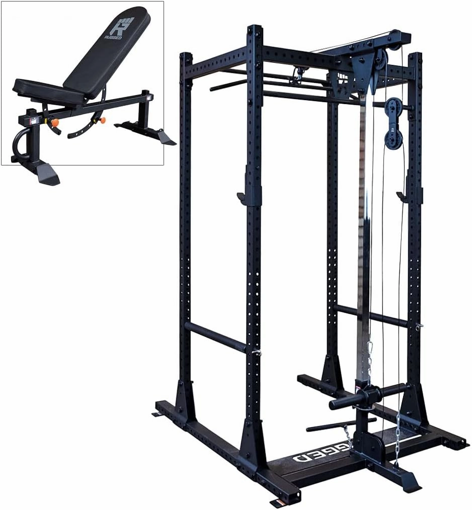 Rugged Strength & Fitness Power Rack (Y100P2) with Lat Attachment & Heavy Duty Flat-Incline Bench, Ideal for Home Gym Strength Training, Squats, and Workout - Enhanced Power Cage for Fitness Reality