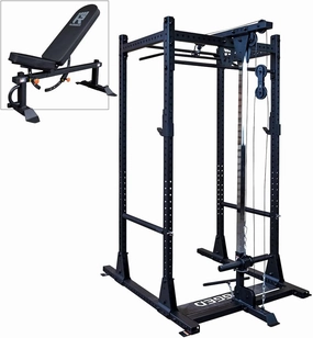 Rugged Strength & Fitness Power Rack (Y100P2) with Lat Attachment & Heavy Duty Flat-Incline Bench, Ideal for Home Gym Strength Training, Squats, and Workout - Enhanced Power Cage for Fitness Reality