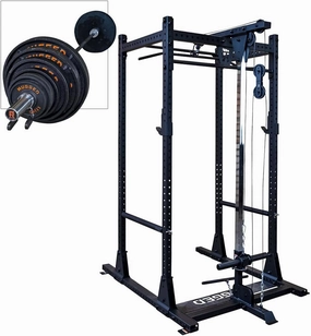 Rugged Strength & Fitness Power Rack (Y100P3) with Lat Attachment - 300 lb. Weight Set Included, Ideal for Home Gym Strength Training, Squats, and Workout - Enhanced Power Cage for Fitness Reality
