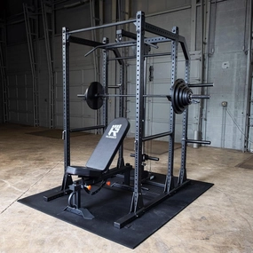Rugged Strength & Fitness Power Rack (Y100P8) with Extended Half Rack Package with Lat, Bench, 300 lb. Weight Set & Floor Mats, Ideal for Home Gym Strength Training, Squats, and Workout