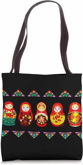 Russian Matryoshka Babushka Flowers Nesting Do Black Tote Bag