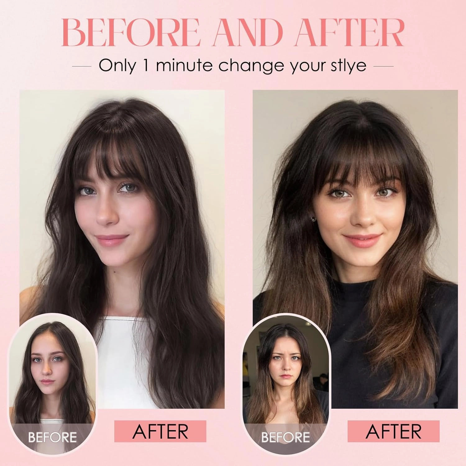 S-noilite Hair Toppers for Women with Bangs Real Human Hair 360° 3D Cover Clip in Bangs 2X6 Coverage Clip in Hairpiece for Women with Thinning Hairline 14Inch (Medium Brown/Dark Blonde)