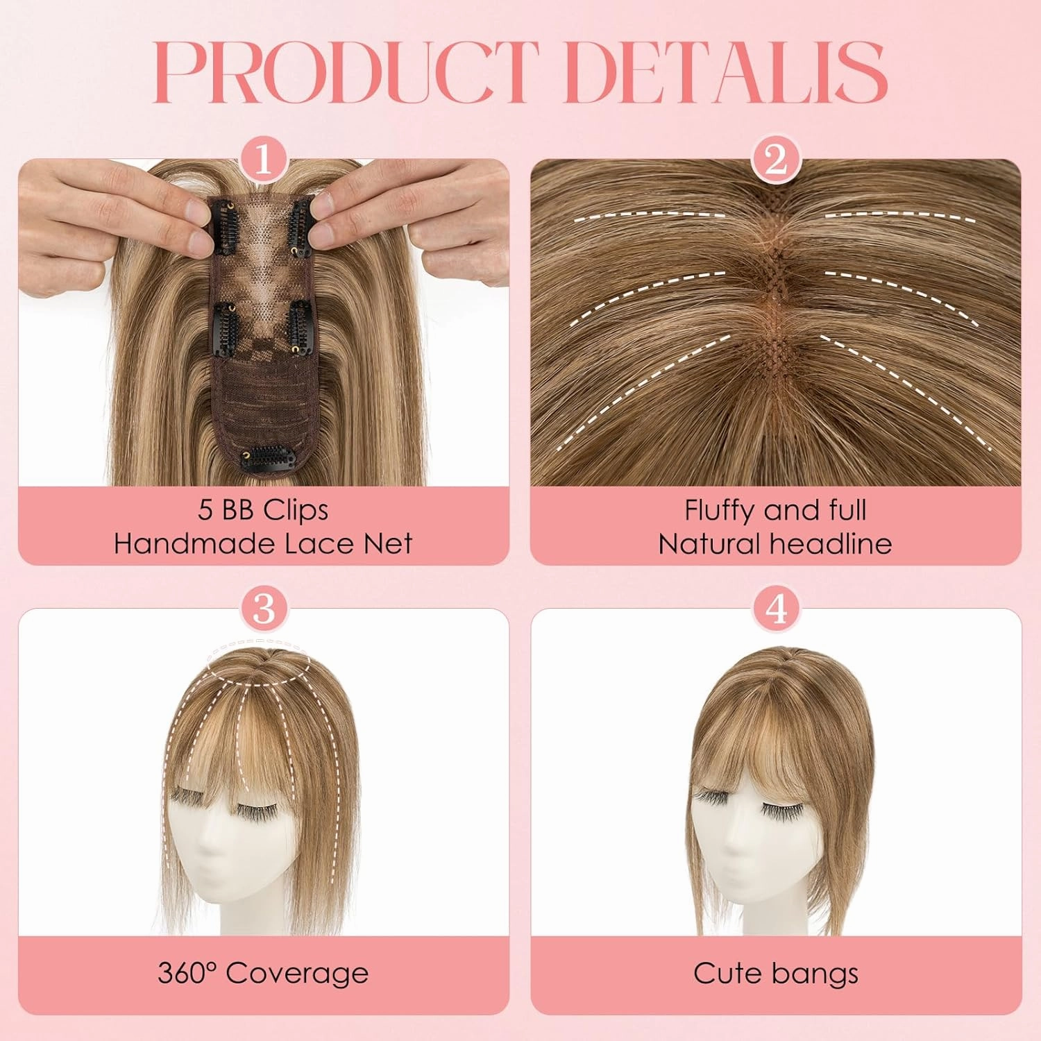 S-noilite Hair Toppers for Women with Bangs Real Human Hair 360° 3D Cover Clip in Bangs 2X6 Coverage Clip in Hairpiece for Women with Thinning Hairline 14Inch (Medium Brown/Dark Blonde)