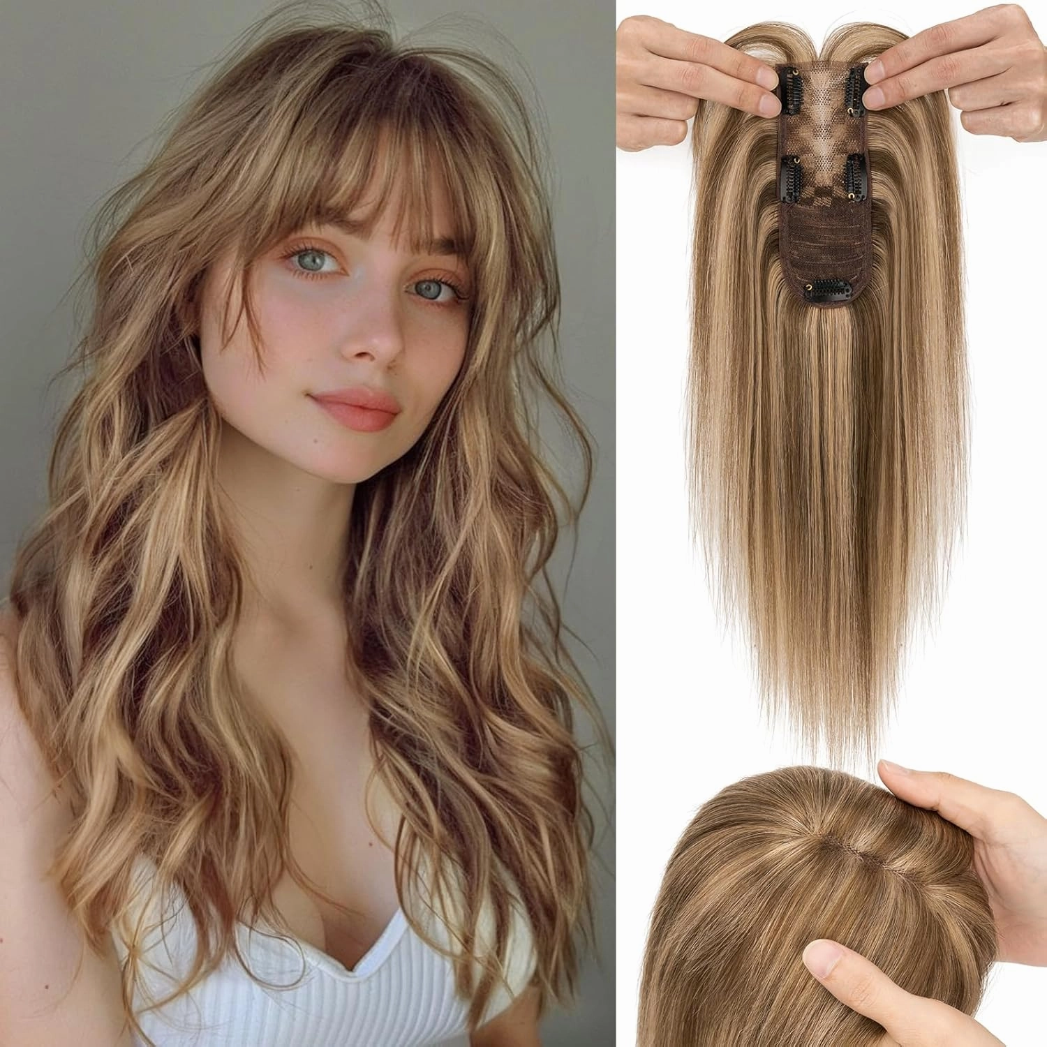 S-noilite Hair Toppers for Women with Bangs Real Human Hair 360° 3D Cover Clip in Bangs 2X6 Coverage Clip in Hairpiece for Women with Thinning Hairline 14Inch (Medium Brown/Dark Blonde)