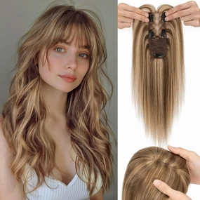 S-noilite Hair Toppers for Women with Bangs Real Human Hair 360° 3D Cover Clip in Bangs 2X6 Coverage Clip in Hairpiece for Women with Thinning Hairline 14Inch (Medium Brown/Dark Blonde)