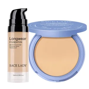 SACE LADY 2Pcs Face Make Up Set, Flawless Matte Foundation and Oil Control Pressed Powder, Lasting Coverage Waterproof Natural Cosmetics Kit