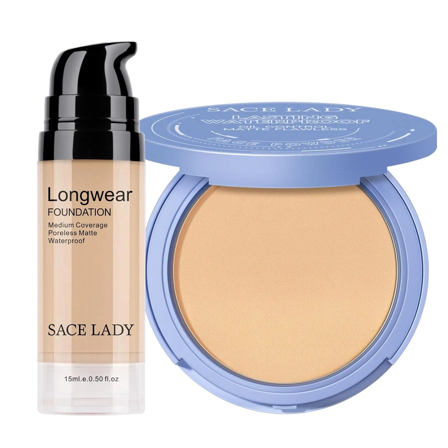 SACE LADY 2Pcs Face Make Up Set, Flawless Matte Foundation and Oil Control Pressed Powder, Lasting Coverage Waterproof Natural Cosmetics Kit