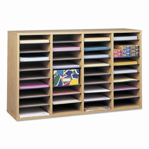 Safco® Wood/Laminate Literature Sorter, 36 Compartments, 39.25 x 11.75 x 24, Medium Oak