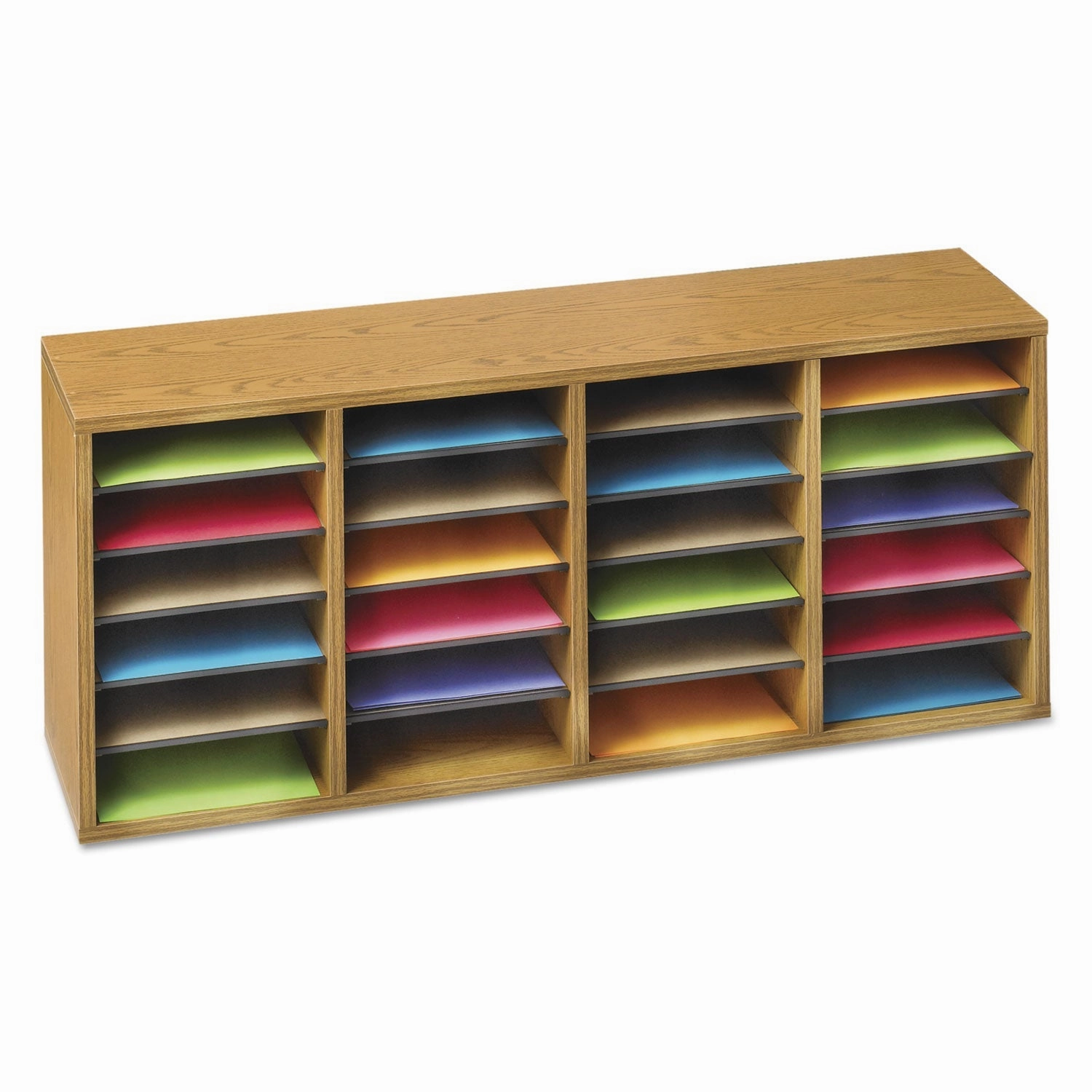 Safco® Wood/Laminate Sorter, 24 Compartments, 39.25 x 11.75 x 16.25, Medium Oak