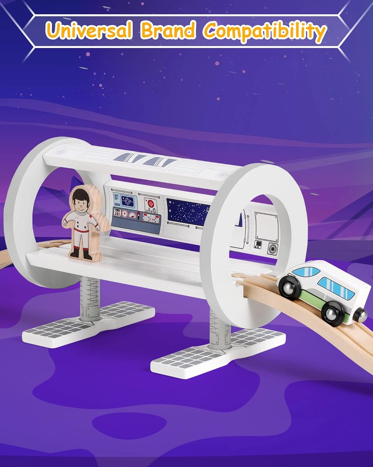 SainSmart Jr. Wooden Train Track Accessory, Space Station Train Set with Astronaut & Cosmic Train, Compatible with Brio, Thomas, Melissa and Doug