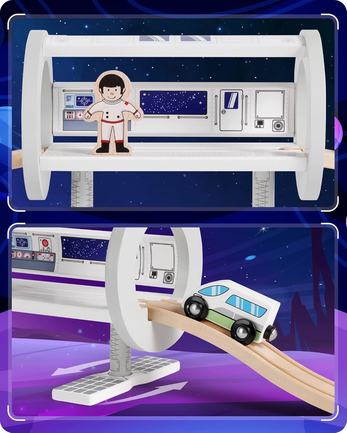 SainSmart Jr. Wooden Train Track Accessory, Space Station Train Set with Astronaut & Cosmic Train, Compatible with Brio, Thomas, Melissa and Doug