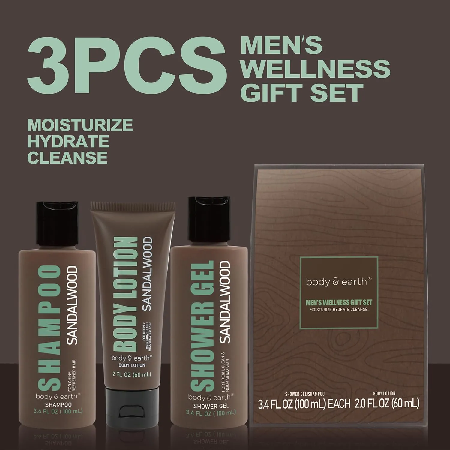 Sandalwood Men's Bath & Body Set - Shower Gel, Body Lotion, Shampoo - Self Care Gifts for Men