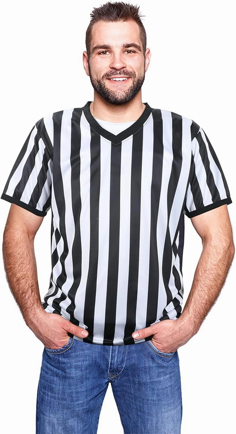 SATINIOR Men's Official Uniform Black and White Stripe Pro-Style Neck Referee Shirt, Officiating Umpire Jersey and Stainless Steel Whistle with Lanyard for Halloween Basketball Football Soccer