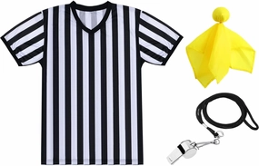 SATINIOR Men's Official Uniform Black and White Stripe Pro-Style Neck Referee Shirt, Officiating Umpire Jersey and Stainless Steel Whistle with Lanyard for Halloween Basketball Football Soccer