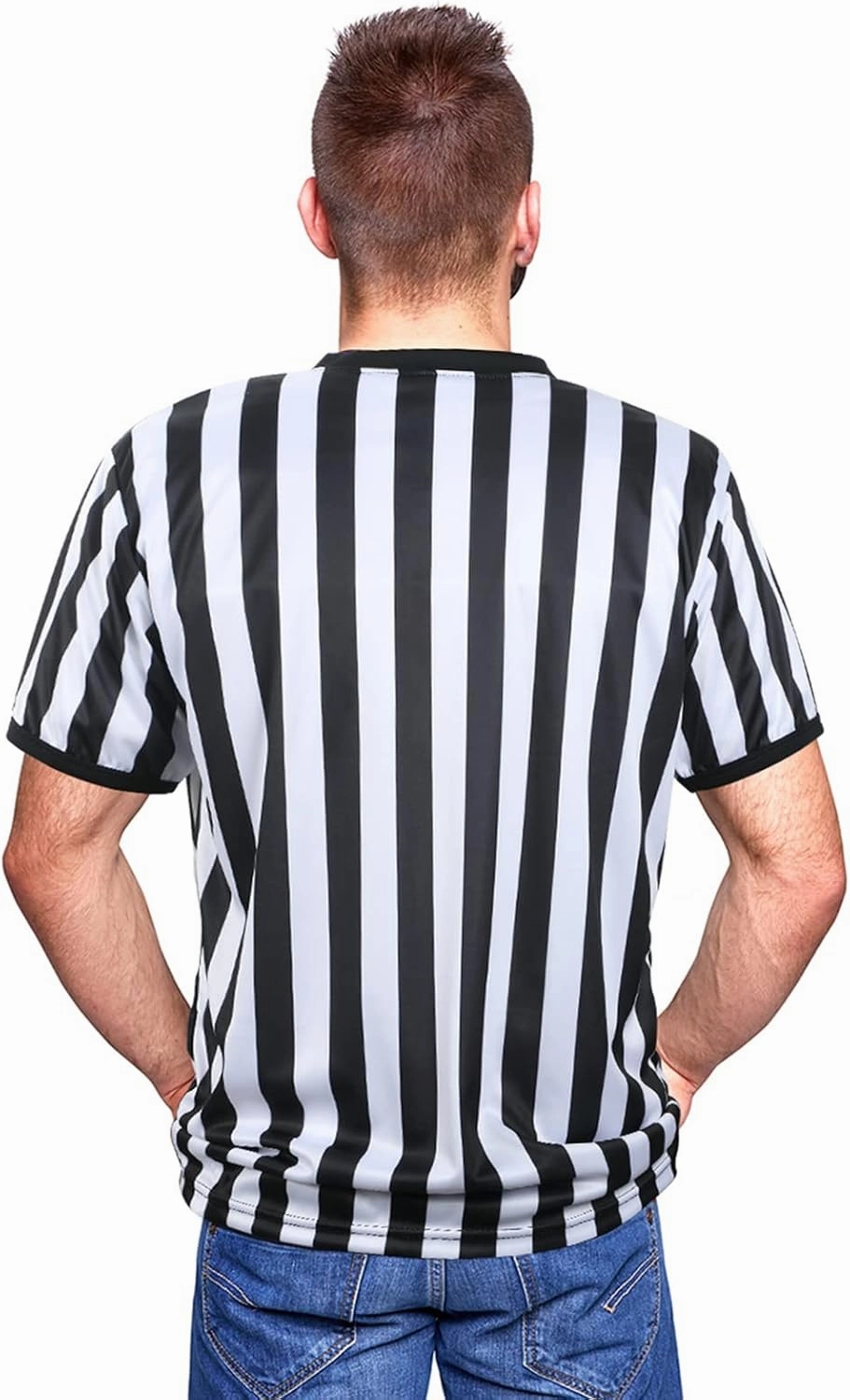SATINIOR Men's Official Uniform Black and White Stripe Pro-Style Neck Referee Shirt, Officiating Umpire Jersey and Stainless Steel Whistle with Lanyard for Halloween Basketball Football Soccer