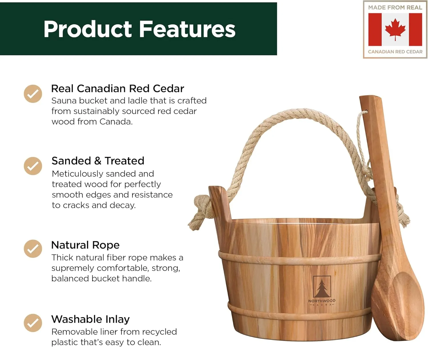 Sauna Bucket and Ladle Set - Handmade from Canadian Red Cedar Wood - Natural Rope Handle - 1 Gallon (4 Liters) Water Capacity