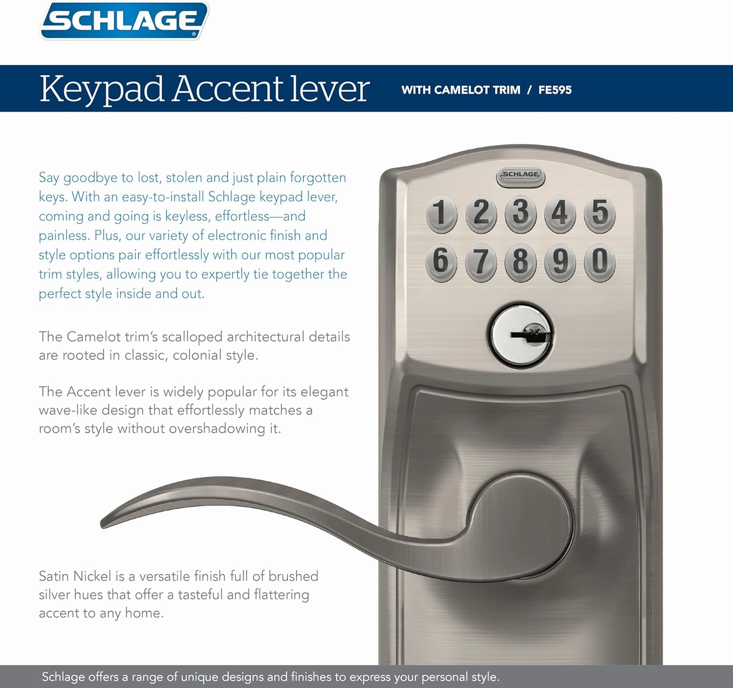 SCHLAGE FE595 CAM 626 ACC Camelot Keypad Entry with Flex-Lock and Accent Levers, Brushed Chrome