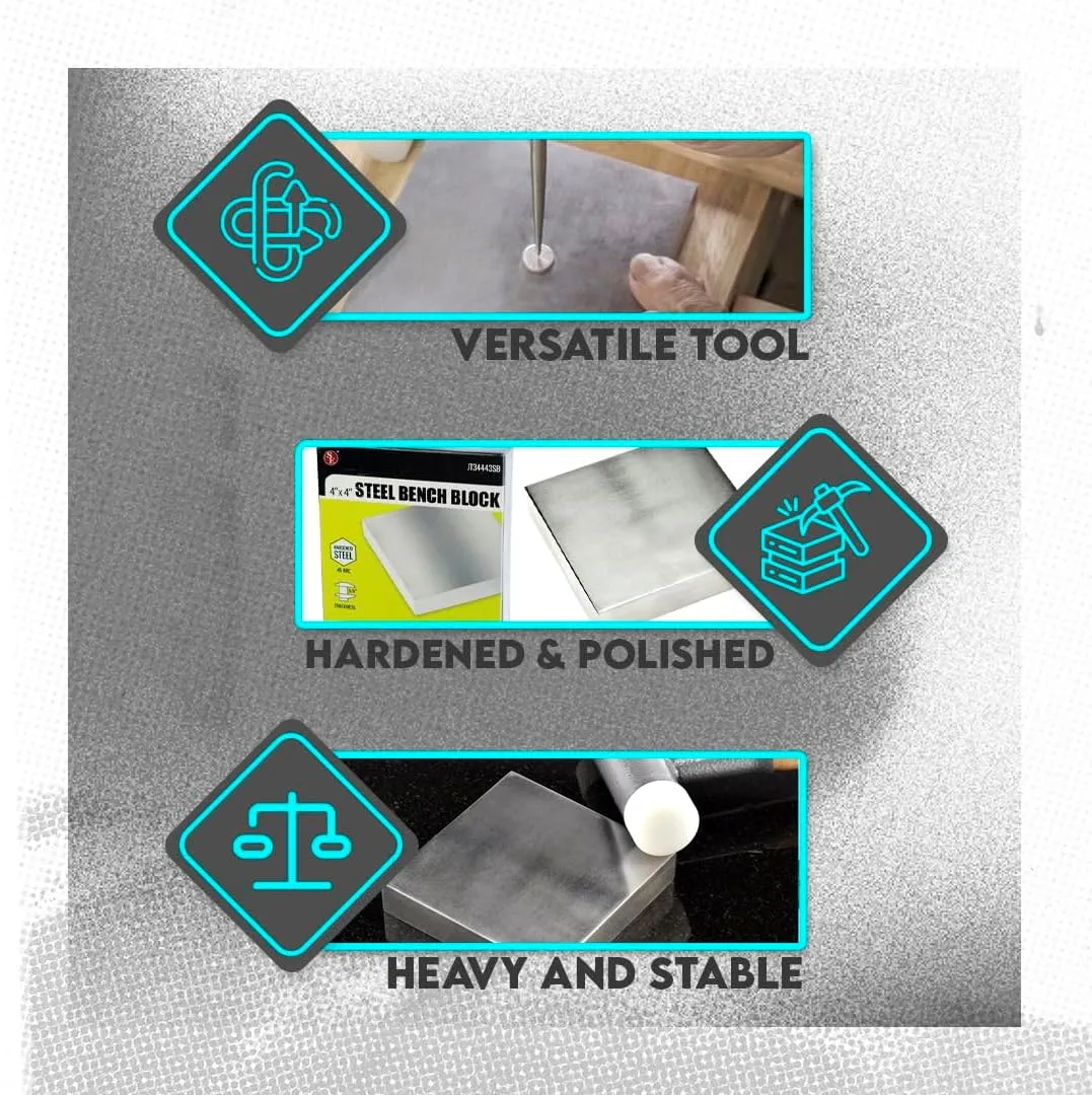 SE 4" x 3/4" x 4" Steel Bench Block - Heavy-Duty Tool for Jewelry Making, Hammering, and Shaping - JT34443SB