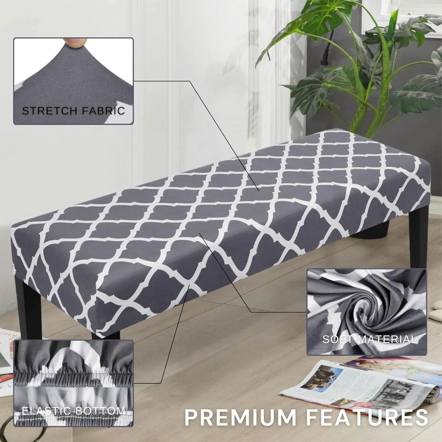 SearchI Stretch Dining Bench Cover, Washable Durable Bench Covers Slipcover, Rectangle Bench Seat Covers for Dining Room Living Room Kitchen(Grey Check)