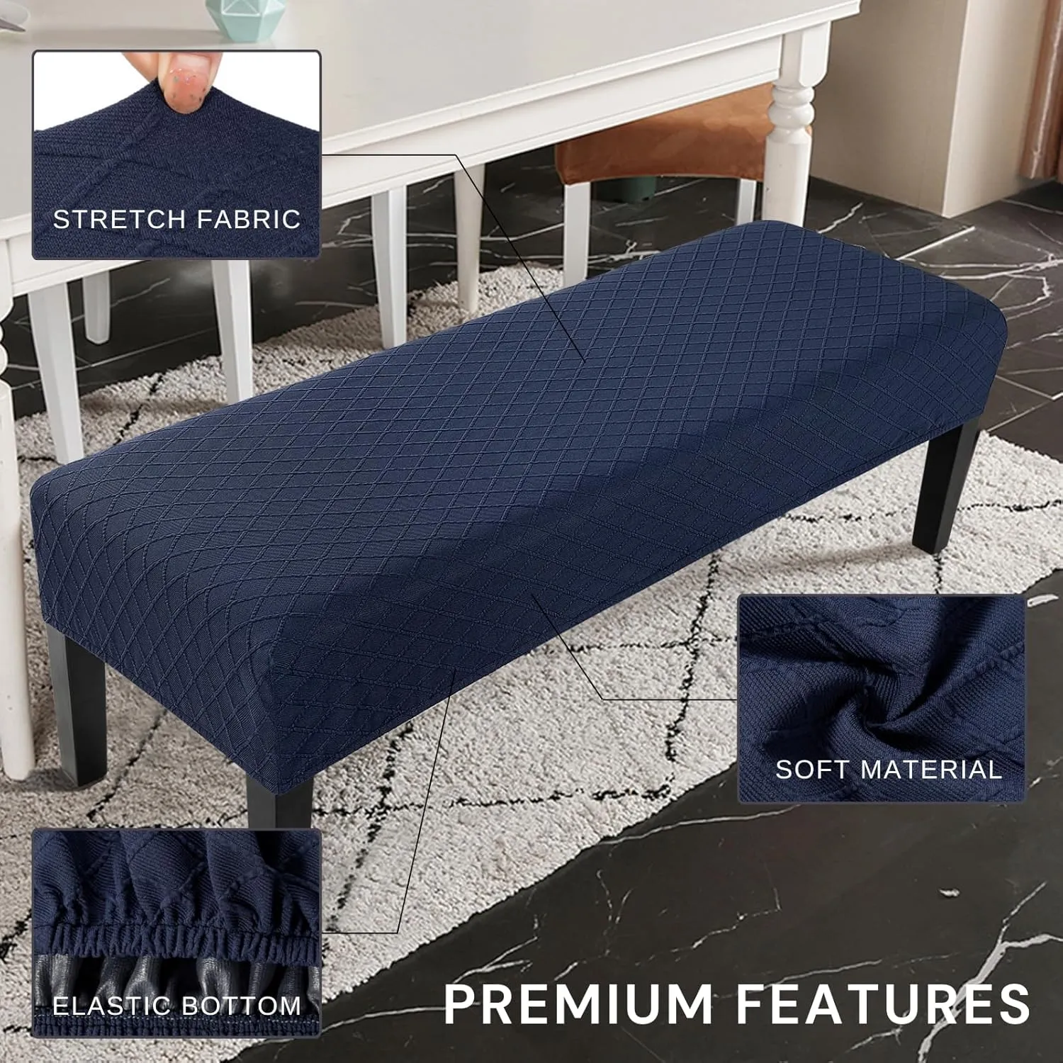 SearchI Stretch Dining Bench Cover, Washable Durable Bench Covers Slipcover, Rectangle Bench Seat Covers for Dining Room Living Room Kitchen(Jacquard Midnight Blue)