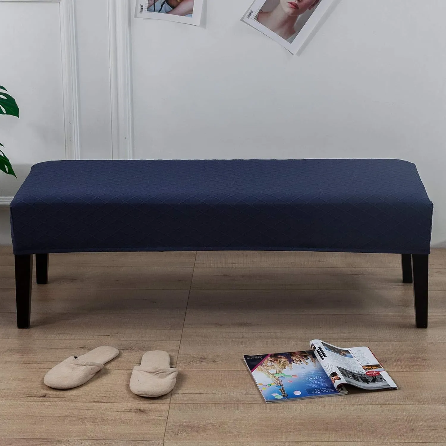 SearchI Stretch Dining Bench Cover, Washable Durable Bench Covers Slipcover, Rectangle Bench Seat Covers for Dining Room Living Room Kitchen(Jacquard Midnight Blue)