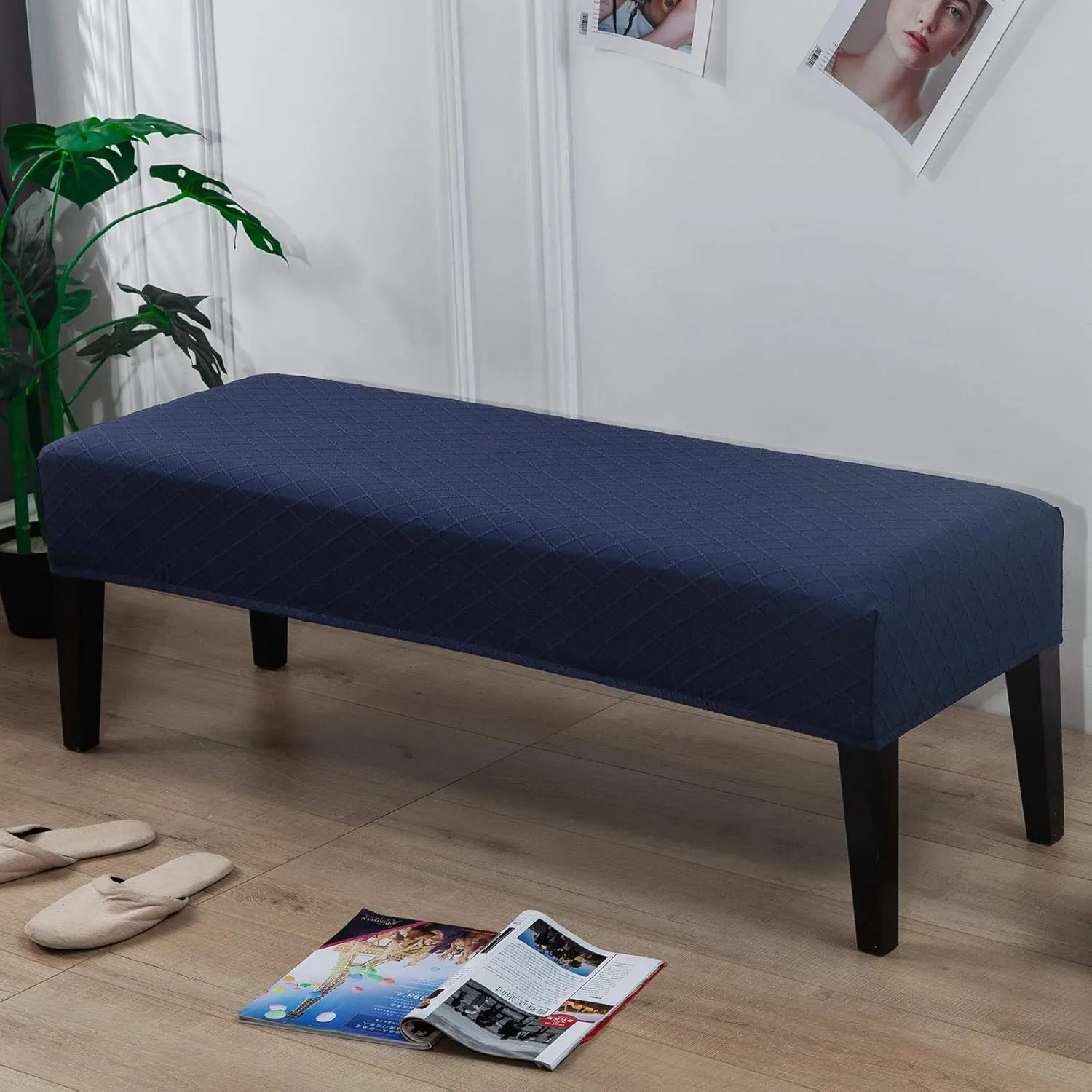 SearchI Stretch Dining Bench Cover, Washable Durable Bench Covers Slipcover, Rectangle Bench Seat Covers for Dining Room Living Room Kitchen(Jacquard Midnight Blue)