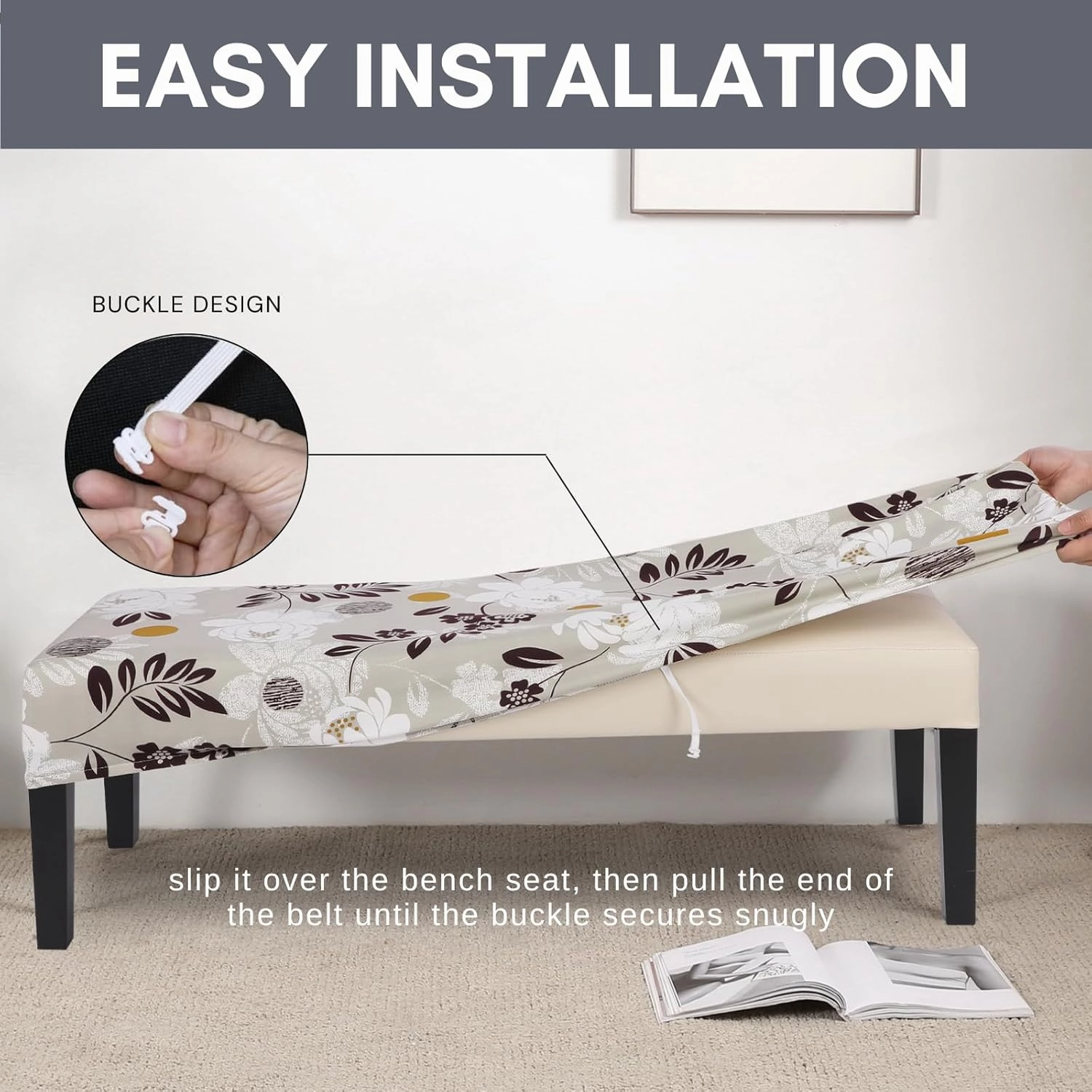 SearchI Brown Flower Stretch Dining Bench Cover, Washable, Protective, Durable Bench Seat Covers for Dining Room, Living Room, Kitchen