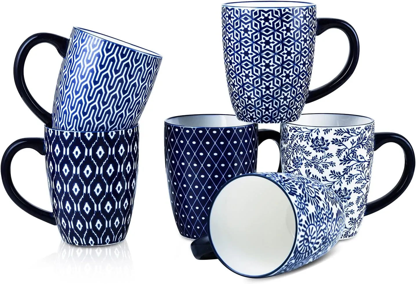 Selamica 16 oz Porcelain Coffee Mugs Set, Ceramic Tea Cup with Handle, dishwasher, oven, microwave safe, Pack of 6, Vintage Blue