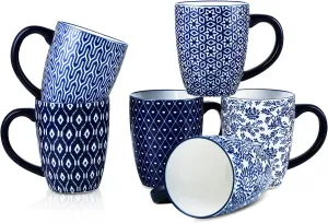 Selamica 16 oz Porcelain Coffee Mugs Set, Ceramic Tea Cup with Handle, dishwasher, oven, microwave safe, Pack of 6, Vintage Blue