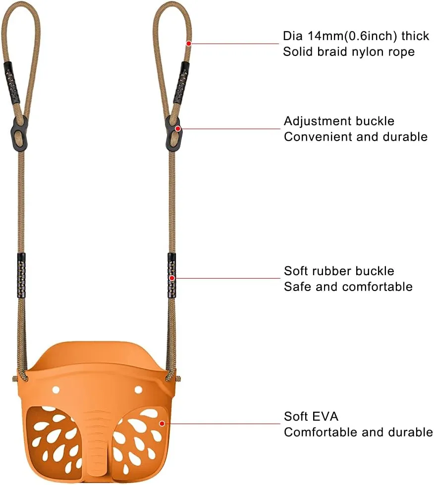 SELEWARE Heavy-Duty High Back Full Bucket Toddler Swing Seat with Locking Carabiners and Adjustable Rope, Cute Elephant Shape Design, 600LB Weight Limit