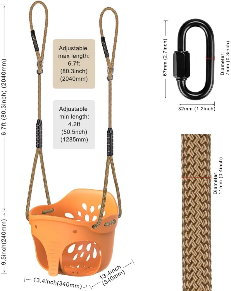 SELEWARE Heavy-Duty High Back Full Bucket Toddler Swing Seat with Locking Carabiners and Adjustable Rope, Cute Elephant Shape Design, 600LB Weight Limit