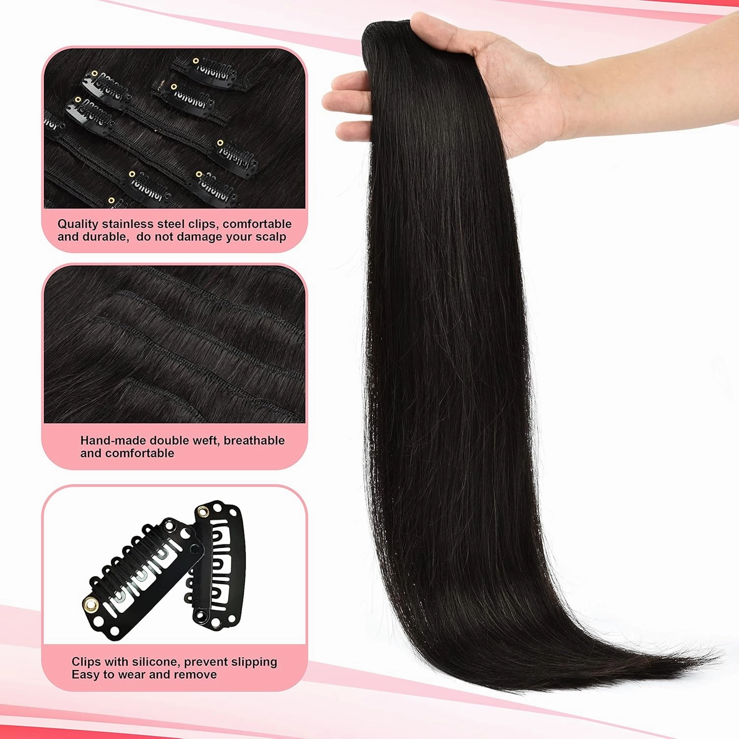 Senmy Clip in Human Hair Extensions Double Weft 9A Brazilian Hair Real Hair Extensions Clip in Human Hair 18inch 120g 7Pcs 16clips Natural Black For Women