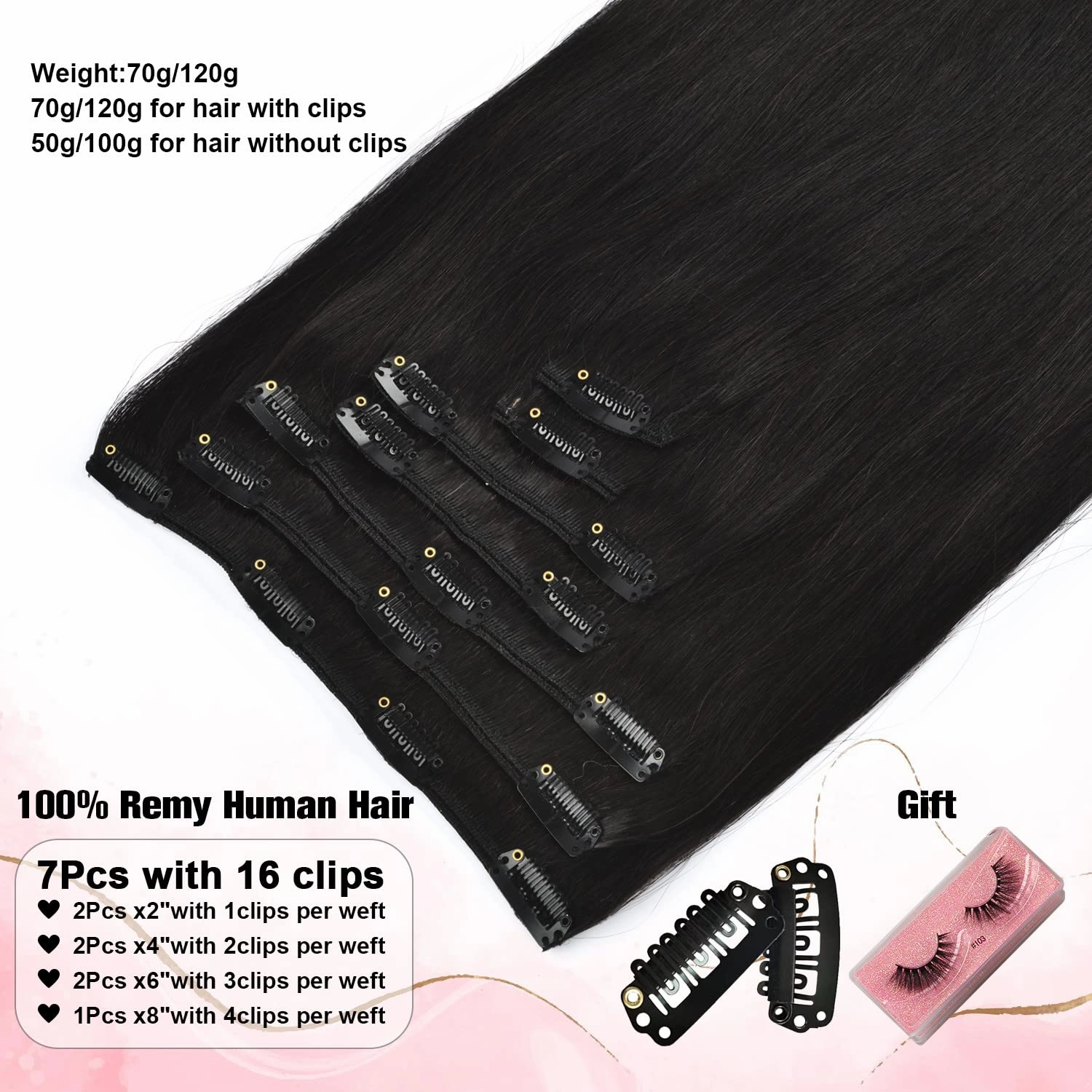 Senmy Clip in Human Hair Extensions Double Weft 9A Brazilian Hair Real Hair Extensions Clip in Human Hair 18inch 120g 7Pcs 16clips Natural Black For Women