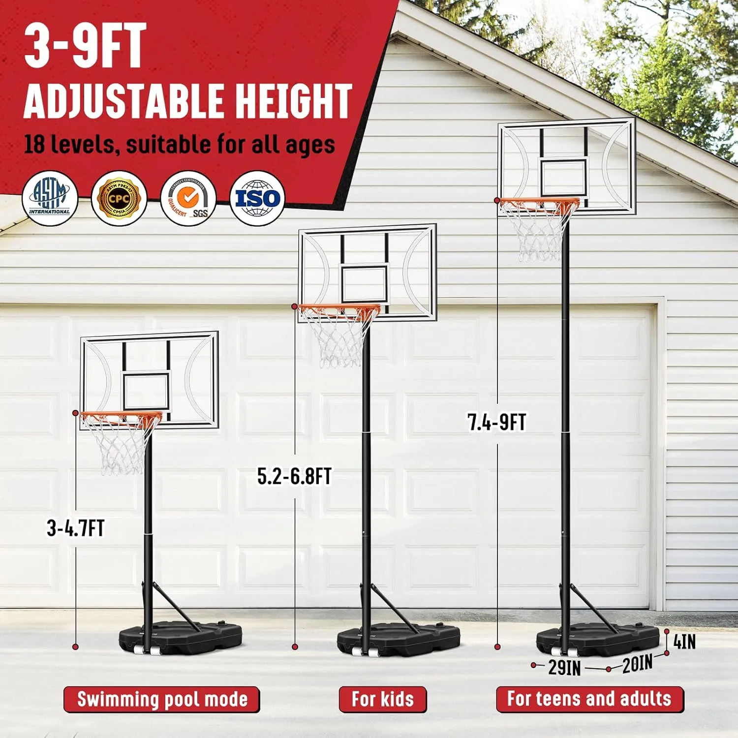 Seray Kids Basketball Hoop Outdoor, 3 FT- 9 FT Adjustable Pool Basketball Goal, 32 in Backboard Indoor Portable Basketball Hoop for Youth/Teenagers/Adults in Backyard/Driveway